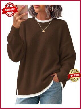 Womens Oversized Knit Pullover Sweater Faux Layer Mock Hem Casual